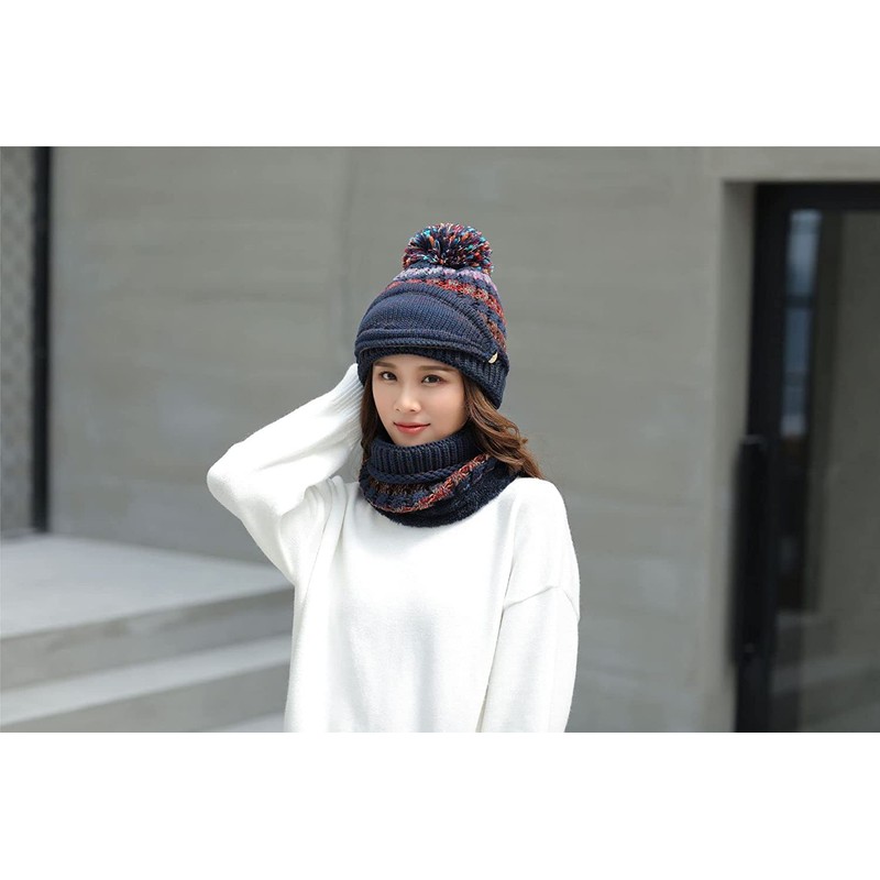 Qchomee 3 In 1 Women Knitted Hat Circle Scarf Mask