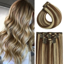 Aison Clip in Hair Extensions 100% Remy Human Hair 4P613 Medium Brown to Blonde 7A 70G/7Pcs Soft Silky Straight 16clips for Women(12 Inch #4P613)