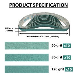 30 Pack 3/8 x 13 Inch Ceramic Alumina Sanding Belts, 3/8x13 Belts Air Belt Sander Paper, 10 Each of 60, 80, 120 Assorted Grit 13in x 3/8 Bandfile Belt