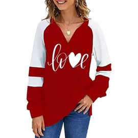Women's Loose V-Neck Cute Love Long Sleeve Heart Shirts RLH XL