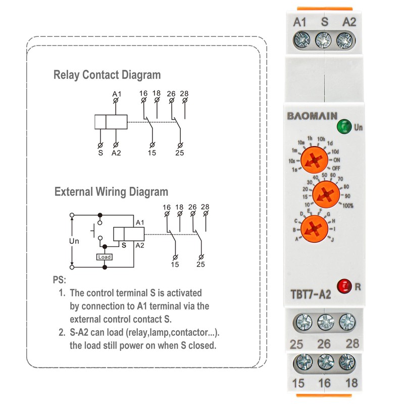 Baomain Multi-Function Time Relay, 16A SPDT 10-Functions, DIN Rail Mounting