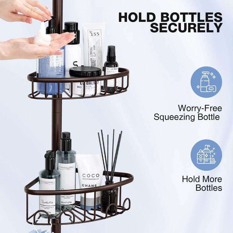 Corner Shower Caddy Tension Pole: Stainless Steel Rustproof 4-Tier Shower
