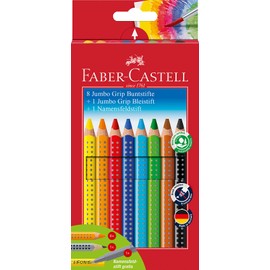 Faber-Castell 280921 - Jumbo Grip Coloured Pencils 8ct with Pencil and Name Tag Pen