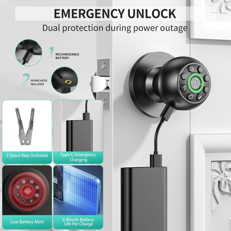Fingerprint Door Lock Biometric Keypad Smart Door Knob | Bedroom