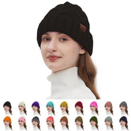 Rosoz Beanie for Women,Winter Warm Beanie Tail Soft Stretch Cable Knit Messy High Bun Hat
