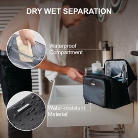 Everfun Compact Toiletry Bag for Men and Women Traveling, Wide Open Shaving Dopp Kit, Water Resistant Makeup Organizer Hygiene Bag with Wet Dry Compartment - Black, Small 9.25 x 5.5 x 6.75