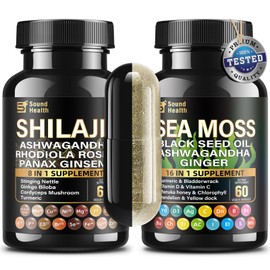 SoundHealth Wild Organic Irish Sea Moss and Shilajit - 8000mg Sea Moss, 10000mg Shilajit, Ashwagandha 2000mg, Ginseng, Vitamin C, Vitamin D3, Black Seed Oil - 2 Bottles of 60 Capsules