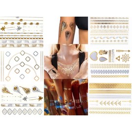 1 Sheet for Gold and Silver Metallic Temporary Tattoos, Flash Fake Waterproof Tattoo Stickers For Outdoor Body Arm Bracelets Decoration Chain Leaf Bohemia Style (Y9)