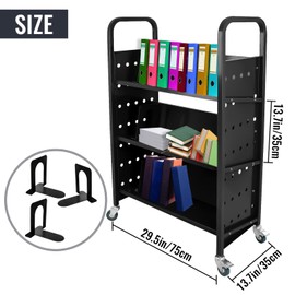 KODOM Book Cart, 200Lbs Library Cart, 30x14x49 Inch Single Sided V-Shaped Sloped Shelves, Rolling Book Cart with 2 Lockable Wheels for Home Shelves Office School Book Truck Black