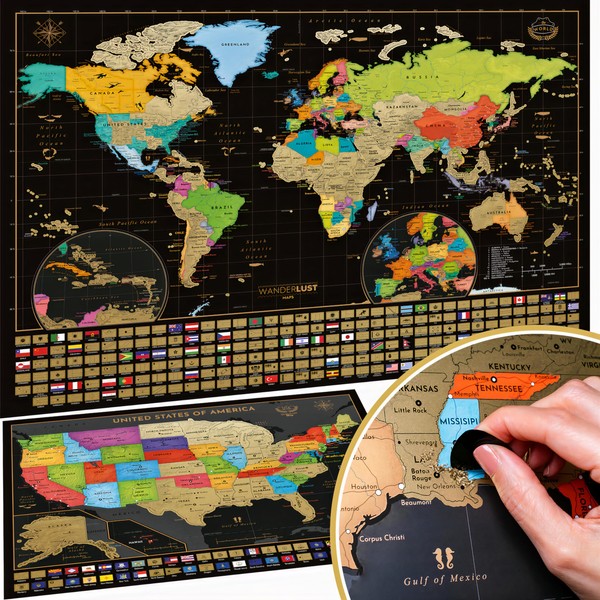 Two Scratch Off Maps - Map of the World (Large) + US States Map (Small) - Deluxe Scratch-Off Travel Posters for Adults, Kids - Made in Europe