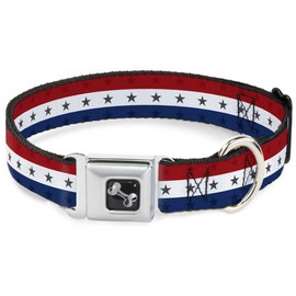 Dog Collar Seatbelt Buckle Americana Star Stripes Red White Blue 11 to 17 Inches 1.0 Inch Wide