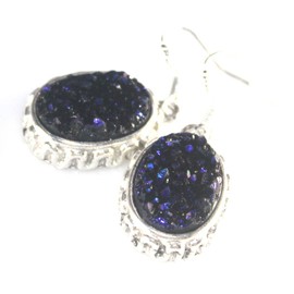 SILVER Vintage Style Royal Blue Rainbow Titanium Druzy Oval Earrings