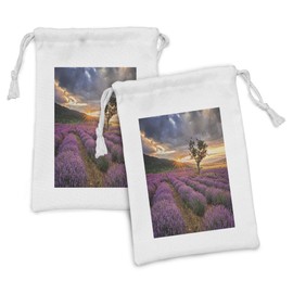 Lunarable Lavender Fabric Pouch Set of 2, Idyllic Landscape with Rising Sun and Endless Rows Lavender Field in Full Blossom, Small Drawstring Bag for Toiletries Masks and Favors, 9" x 6", Multicolor