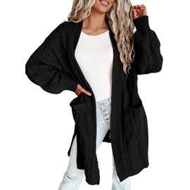 Dokotoo Long Cardigans for Ladies Open Front Fall 2024 Trendy Lightweight Side Split Fall Knit Cute Sweaters with Pockets Trendy Clothing Oversized,Black Large