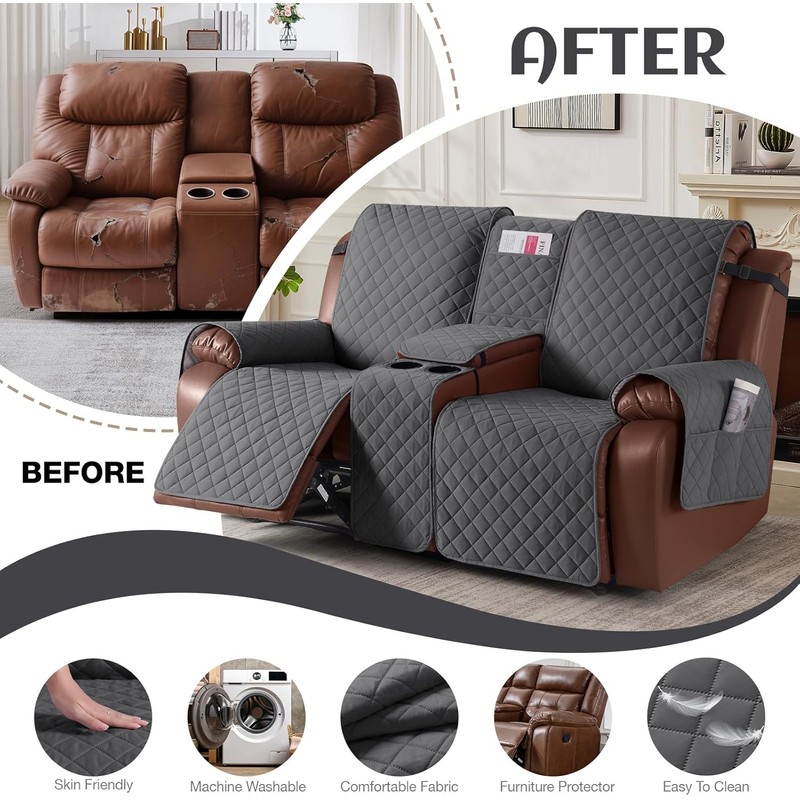 KinCam 100% Waterproof Recliner Loveseat Cover with Console, Non-Slip Reclining