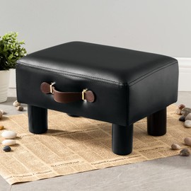 Small Foot Stool with Handle, Black PU Leather Short Foot Stool Rest, Rectangle Storage Foot Stools Ottoman with Plastic Legs, Padded Footstool Small Step Stool for Living Room, Office, Desk, Patio