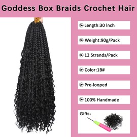 COOKOO 30 Inch Bohemian Box Braids Crochet Hair 8 Packs Hippie Goddess Box Braids Crochet Hair With Curly Ends Pre-looped Braiding Hair for Black Women 1B#