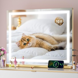 Batuso Vanity Mirror with Lights, 23" x 18" LED Makeup Mirror with 10X Magnification, Dimmable 3 Modes, Memory Function, Smart Touch, USB Charging Port, Lighted Makeup Mirror Square Glod