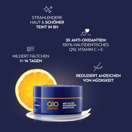 NIVEA Q10 Energy Anti-Falten Nachtpflege, feuchtigkeitsspendende Nachtcreme mit Q10, Vitamin E und C, Gesichtspflege mildert Fältchen und strafft die Haut, Q10 Energy Regenerierende Nachtpflege(50 ml)
