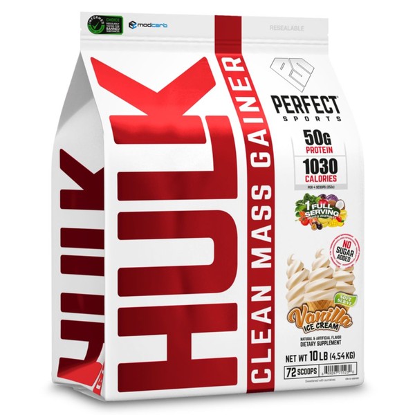 Perfect Sports Hulk Clean Mass Gainer, All-In-One Weight Gainer, No Added Sugar, 10lb / Vanilla Ice Cream