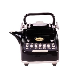Jameson and Tailor Hand-Painted Light Ceramic Teapot Typewriter Artful Design in Gift Box