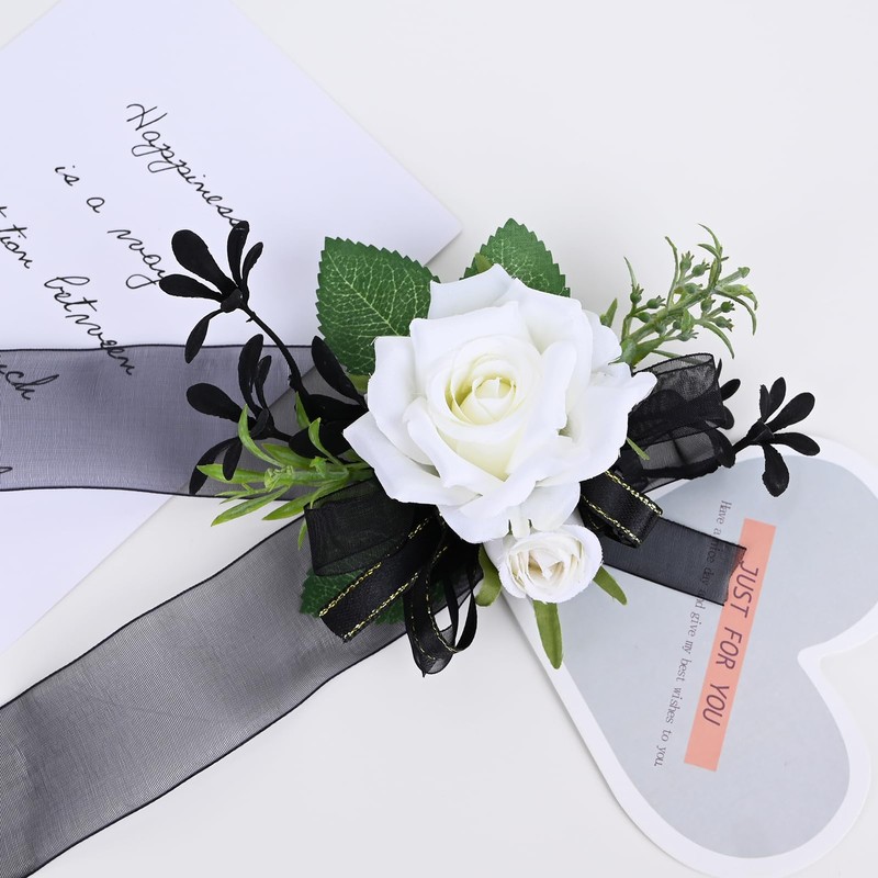 MAFELOE Corsage Boutonniere Set of 2 Pieces, White+Black (Y3-GH)