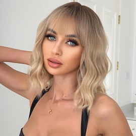 Blonde Wigs With Bangs Short Wavy Wig for Women 14 Inch Honey Blonde Curly Shoulder Length Bob Wigs Synthetic fiber Hair for Daily Party Use