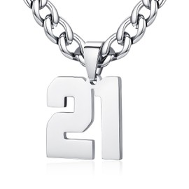XIRUVE Length Adjustable Stainless Steel Sports Number 0-99 Pendant Necklace for Men Women 6mm Width Cuban Chain 21