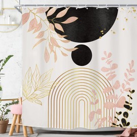 Riyidecor Black and Pink Mid Century Boho Shower Curtain for Bathroom Decor 72Wx72H Bohemian Modern Arch Leaves Plants Gold Eucalyptus Art Printed Fabric Polyester Waterproof 12 Pack Plastic Hooks