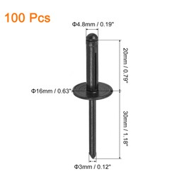 sourcing map 100Pcs 3/16"x3/4" Aluminum Large Head Tri Grip Rivets, Large Flange Tri Grip Rivets for DIY, Sheet Metal, Automotive Repairs, Furniture, Marine Boat (Black)