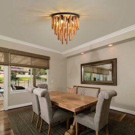 MOUJOE 5-Light Semi Flush Mount Ceiling Light Fixture Rustic Wood Chandelier Retro Ceiling lamp Oak and Black with E26 for Farmhouse Kitchen Living Room Entryway Bedroom Dining Room Bathroom