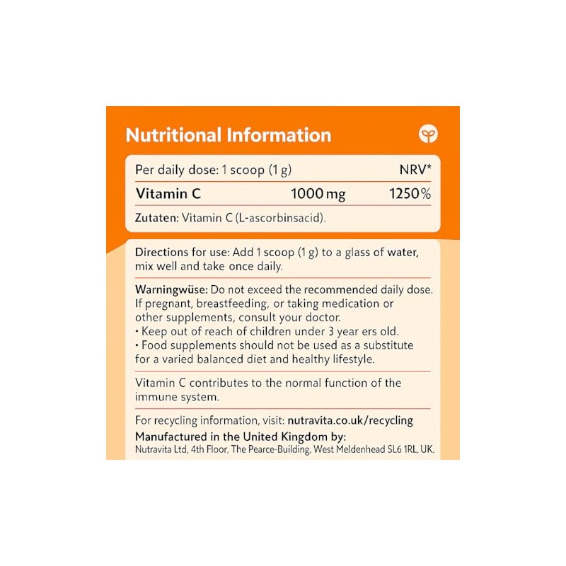 Nutravita Vitamin C Powder 500g - 1000mg Per Serving -