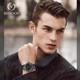 rorios Men's Watches Chronograph Watch with Leather Strap Analogue Quartz Watches Waterproof Calendar Watch for Men, black, Strap.