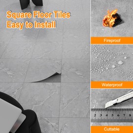 Biyoee Grey Marble Peel and Stick Floor Tile 10-Pack 12 x 12 inch,Self-Adhesive Waterproof Vinyl Flooring Plank for Bathroom,Kitchen, Dining Room, Bedrooms, Cover 10 Sq. Ft