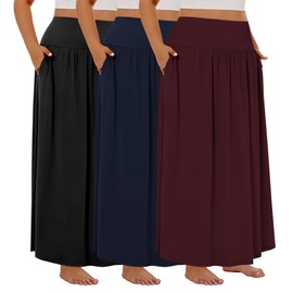 Ficerd 3 Pack Plus Size Maxi Long Skirts for Curvy Women, Ankle Length a Line Pleated High Waisted Summer Skirts with Pocket(Black, Navy Blue, Burgundy,X-Large)