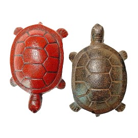 Unbranded Two Turtle Figurines Cast Iron Garden Pond Red and Brown 4.5 " Gift Home Decor