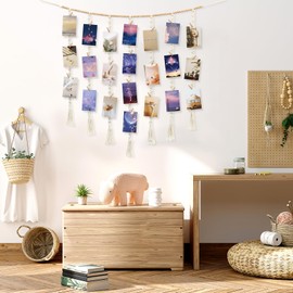 Dremisland Macrame Hanging Photo Display with 45 Clips DIY Photo Collage Frames Boho Wooden Beads Hanging Photo Frames Multiple Pictures Wall Decor for Bedroom Living Room Teen Girl Gifts