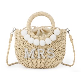 Ynport Crefreak Women's Bridal Straw Shoulder Bag Hand Woven Shoulder Bag Rhinestone Letter Patches Handbag Stag Night Honeymoon Wedding Bridal Shower Gift, beige mrs
