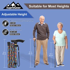 supregear Folding Cane, 5-Level Adjustable Height Walking Stick Lightweight Collapsible Portable Travel Cane with Wrist Strap and T Handle for Elderly Disabled Men Women, Black Polka Dots
