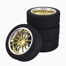 Shaluoman 4Pcs 1/10 On-Road Foam Tires& 9003 Wheel Rims 12mm Hex for HSP HPI RC Racing Car Toy, Gold