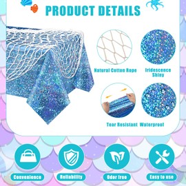 Unittype 8 Pcs Fish Net Decorative and Tablecloth Set, Cotton Fishnet and Plastic Table Cover Decorations Set for Nautical Themed Party Baby Shower Pirate Decorations Mermaid Party (Laser Colors)
