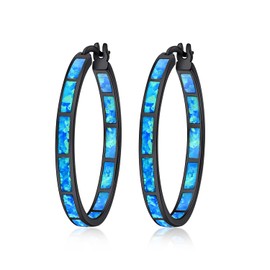 CiNily Black Gold Plated Hoop Earrings, Womens Big Blue Opal Earrings Ladies Large Gemstone Hoop Earrings