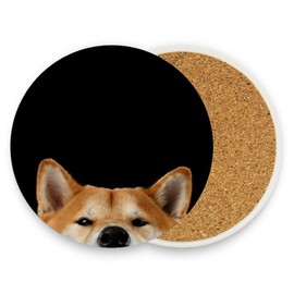 Vibiliyou Absorbent Coasters for Drinks Set of 4 with Cork Base,Funny Coasters Peeking Shiba Inu Dog Round Ceramic Stone Coaster for Wooden Table,Housewarming Gift