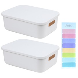2 Pcs Plastic Storage Box with Lid, White Storage Boxes with Handles, Bathroom Storage Box with Sticker Stackable Rectangle Container with Lid for Kitchen, Office, Bathroom (28×20×9,6cm)