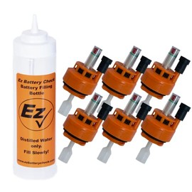 Battery Watering System Caps with Water Level Monitors for Batteries with 1/4-Turn Bayonet Style Mounts. A 6-Pack of Caps plus A Battery Filling Squeeze Water Bottle.