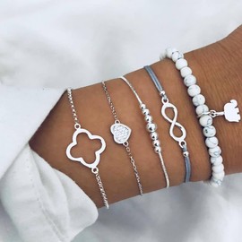 Prosy Multilayer Lucky 8 Bracelets Set Silver Pearl Fantasy Elephant Heart Marble Hand Accessories Adjustable Jewellery for Women and Girls