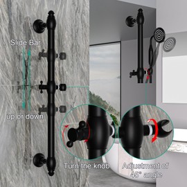 Brass Shower Slide Bar with Handheld Shower Head, Adjustable Height Wall-mounted Retro Hand Shower Head Holder with 59 inch Hose for Bathroom, Matte Black