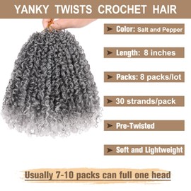 COOKOO 8 Inch Pre-looped Yanky Twist Crochet Hair 8 Packs 30 Strands/PCS Ombre Grey Yanky Twists Hair Spring Twist Crochet Hair with Curls Synthetic Marlybob Crochet Hair Extensions