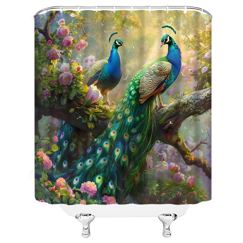 MSAYNFG Peacock Shower Curtain Beautiful Birds Floral Branches Wildlife Animal
