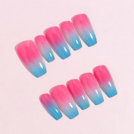 MISUD Press on Nails Long Coffin Fake Nails Glossy Glue on Nails Summer Acrylic Nail Supplies Ballerina Artificial Nail Art Pink Blue Ombre Stick on False Nails with Design DIY 24 pcs